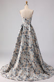 Blue Flower Sweetheart Floral Jacquard A Line Long Prom Dress With Slit