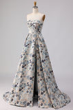 Blue Flower Sweetheart Floral Jacquard A Line Long Prom Dress With Slit