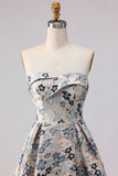 Blue Flower Sweetheart Floral Jacquard A Line Long Prom Dress With Slit