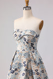 Blue Flower Sweetheart Floral Jacquard A Line Long Prom Dress With Slit