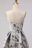 Blue Flower Sweetheart Floral Jacquard A Line Long Prom Dress With Slit