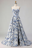 Blue Flower Sweetheart Floral Jacquard A Line Long Prom Dress With Slit