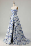 Blue Flower Sweetheart Floral Jacquard A Line Long Prom Dress With Slit
