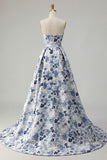 Blue Flower Sweetheart Floral Jacquard A Line Long Prom Dress With Slit