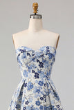 Blue Flower Sweetheart Floral Jacquard A Line Long Prom Dress With Slit