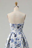 Blue Flower Sweetheart Floral Jacquard A Line Long Prom Dress With Slit