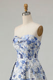 Blue Flower Sweetheart Floral Jacquard A Line Long Prom Dress With Slit