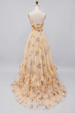 Tiered Orange Flower Spaghetti Straps Tulle A Line Long Prom Dress with Ruffles