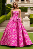 Fuchsia Floral A Line Strapless Prom Dress with Bow