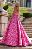Fuchsia Floral A Line Strapless Prom Dress with Bow