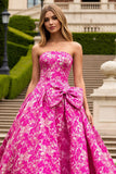 Fuchsia Floral A Line Strapless Prom Dress with Bow