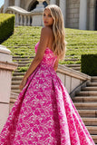 Fuchsia Floral A Line Strapless Prom Dress with Bow