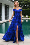 Off the Shoulder A Line Royal Blue Floral Prom Dress