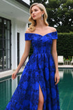 Off the Shoulder A Line Royal Blue Floral Prom Dress