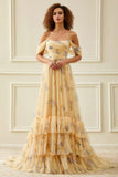 Off the Shoulder A Line Ruffled Yellow Floral Prom Dress