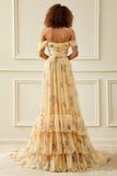 Off the Shoulder A Line Ruffled Yellow Floral Prom Dress