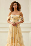 Off the Shoulder A Line Ruffled Yellow Floral Prom Dress
