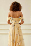 Off the Shoulder A Line Ruffled Yellow Floral Prom Dress