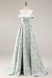 Off the Shoulder A Line Blue White Floral Prom Dress