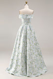 Off the Shoulder A Line Blue White Floral Prom Dress