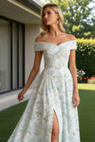 Off the Shoulder A Line Blue White Floral Prom Dress