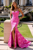 Fuchsia Floral Mermaid Strapless Prom Dress with Slit
