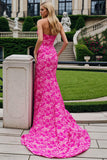 Fuchsia Floral Mermaid Strapless Prom Dress with Slit