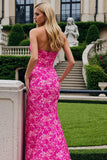Fuchsia Floral Mermaid Strapless Prom Dress with Slit