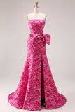 Strapless Fuchsia Flower Mermaid Long Prom Dress With Slit