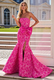 Strapless Mermaid Fuchsia Floral Prom Dress with Bow