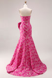 Strapless Mermaid Fuchsia Floral Prom Dress with Bow