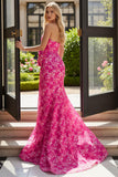 Strapless Mermaid Fuchsia Floral Prom Dress with Bow