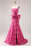 Strapless Fuchsia Flower Mermaid Long Prom Dress With Slit