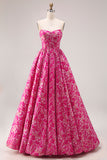 A Line Fuchsia Flower Strapless Corset Long Prom Dress