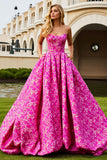 Fuchsia Floral Ball Gown Strapless Corset A Line Prom Dress