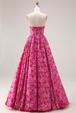 Fuchsia Floral Ball Gown Strapless Corset A Line Prom Dress