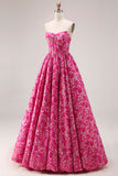 A Line Fuchsia Flower Strapless Corset Long Prom Dress