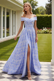 Light Blue Floral Off the Shoulder A Line Prom Dress