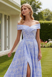 Light Blue Floral Off the Shoulder A Line Prom Dress