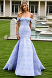 Off the Shoulder Mermaid Light Blue Floral Long Prom Dress