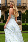 Strapless A Line Blue White Floral Prom Dress