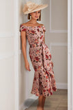 Dusty Rose Flower Mermaid Bateau Neck Print Midi Mother Of The Bride Dress