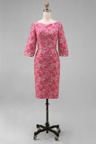 Fuchsia Floral Bodycon Half Sleeves Jacquard Midi Mother Of The Bride Dress