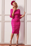 Fuchsia Floral Bodycon Half Sleeves Jacquard Midi Mother Of The Bride Dress