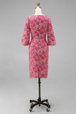 Fuchsia Floral Bodycon Half Sleeves Jacquard Midi Mother Of The Bride Dress
