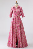 Jacquard A-Line Fuchsia Floral Long Mother Of The Bride Dress with Slit