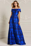 Royal Blue Off The Shoulder Jacquard Floral A-Line Mother Of The Bride Dress