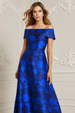 Royal Blue Off The Shoulder Jacquard Floral A-Line Mother Of The Bride Dress