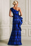 One Shoulder Jacquard Royal Blue Floral Mermaid Mother Of The Bride Dress with Slit