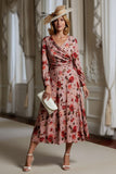 Dusty Rose Flower Print A-Line Long Sleeves Mother Of The Bride Dress